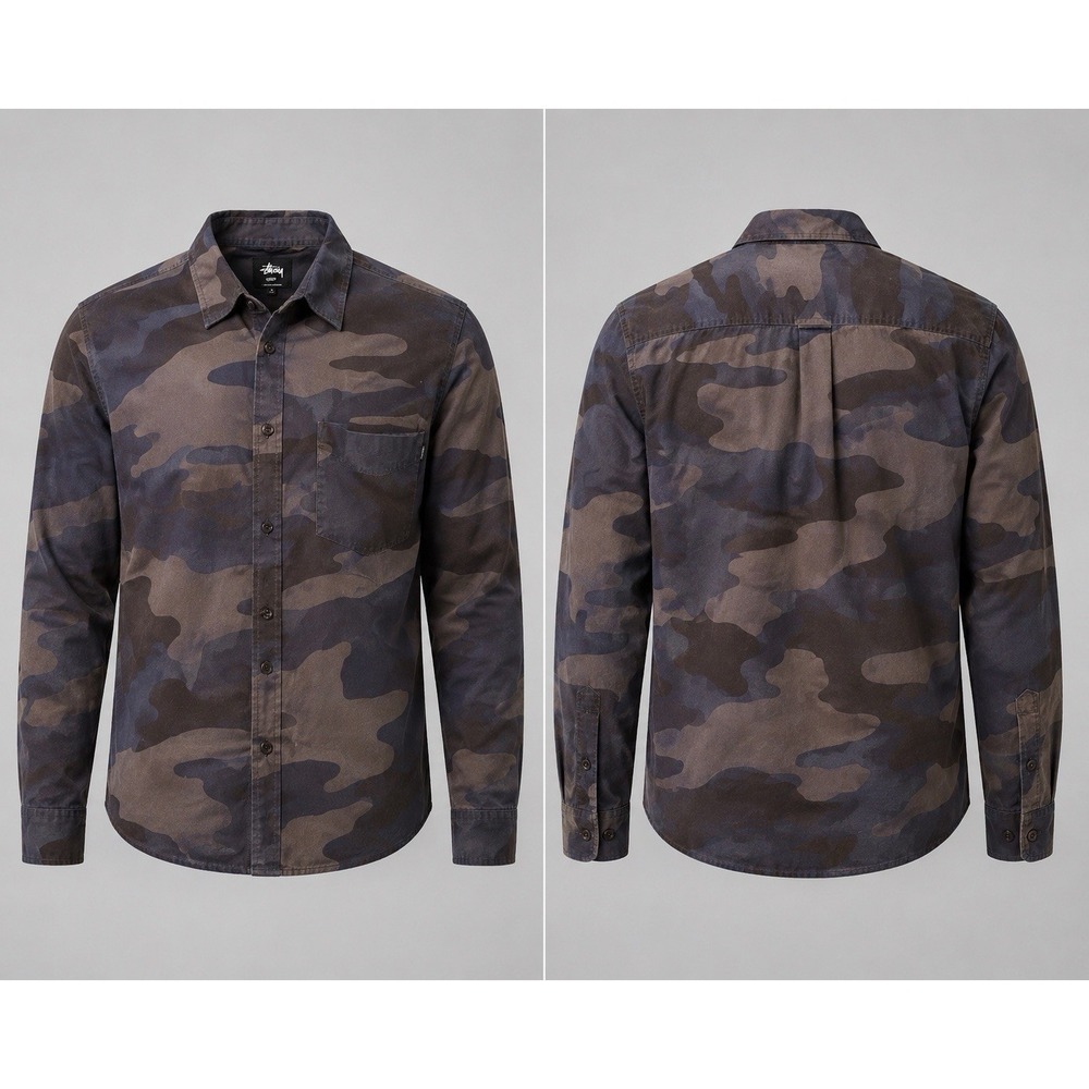 Rare Stussy Camo Shirt MENS X LARGE L/S GRAY BLUE  COTTON CANVAS TWILL FEELING